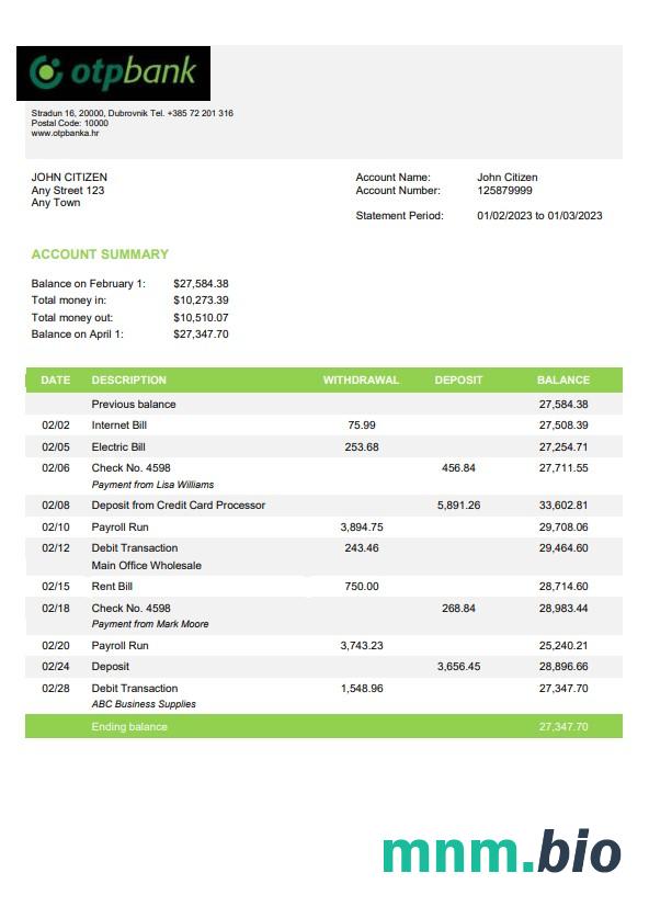 Chorwacja wyciąg bankowy OTP łatwy do wypełnienia szablon w formacie Excel i PDF